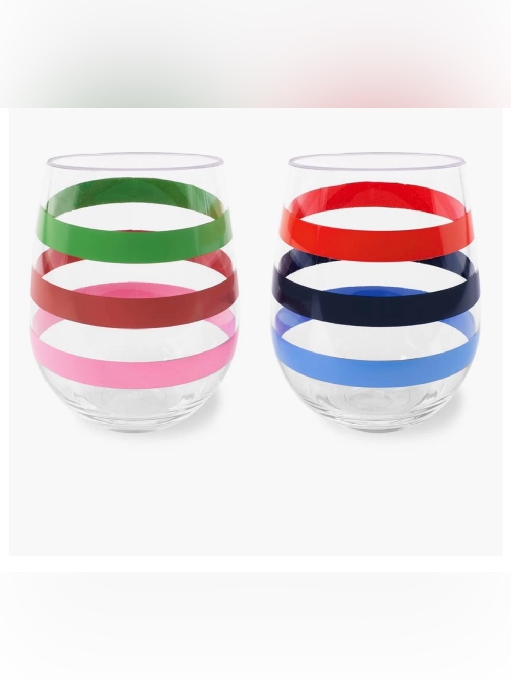 NIB kate spade Striped Stemless Wine Glasses in Pink, Red, Blue and Black